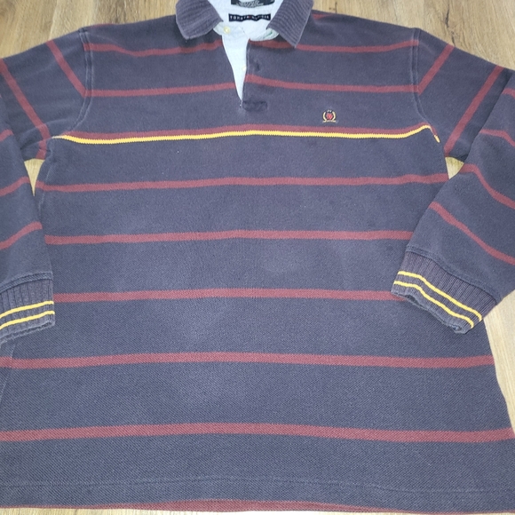 Vintage 90s Tommy Hilfiger Crest Striped Long Sleeve Polo Preppy Sweater Sz L - Picture 5 of 7